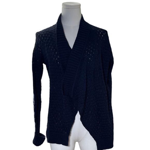 LOFT Navy Cotton Cardigan Small Open Knit Shawl Collar Lightweight Fall Sweater - Picture 6 of 12